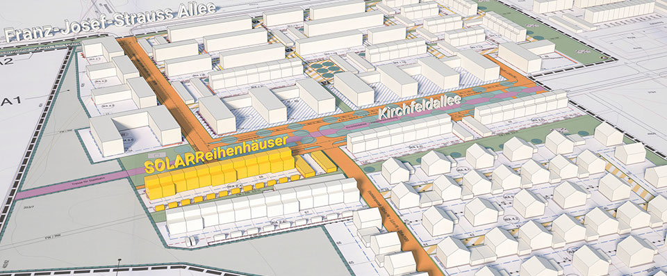 Die Solarreihenhäuser Modellhaft dargestellt im Quartier. 