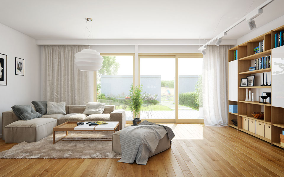 Wertige Sanitärausstattung, Holz-Alu Fenster und Böden mit Echtholzdielen sind Standard in der Solarreihenhaussiedlung.