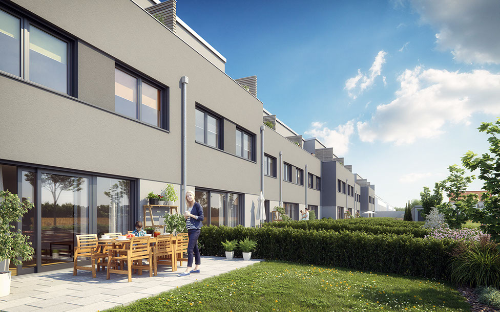 Die Gärten der Solarreihenhäuser sind mit Betonstein oder Holzdielen als Terrassenbelag ausgestattet und sind Zueinander durch Hecken begrenzt.