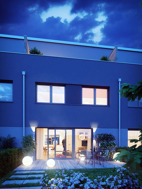 Zur Standardausstattung gehört eine Lichtplanung von Blochberger&Weiss und die Ausstattung z.B. der Terrassen und Loggien mit Leuchten.